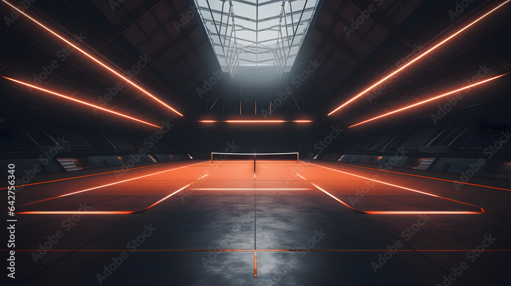 there is a tennis court with a net and lights in the dark Generative AI - obrazy, fototapety, plakaty 