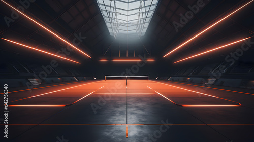 there is a tennis court with a net and lights in the dark Generative AI