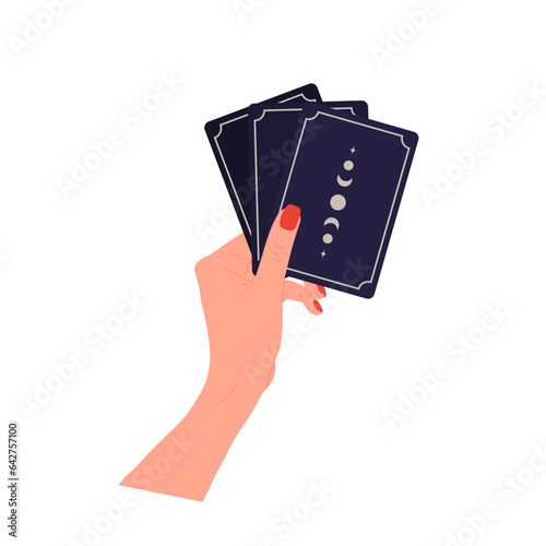 Hand holding tarot cards with boho moon. Female fortune teller predicting future. Magic and esoteric. Vector illustration in flat cartoon style.
