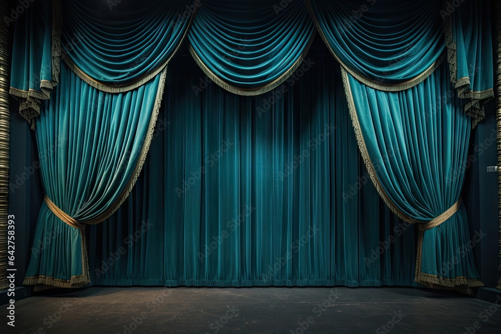 Cinema magic. Blue velvet curtain unveiling screen. Elegance in performance. Theater velvet drapes. Grand stage entrance. Opera house - obrazy, fototapety, plakaty 