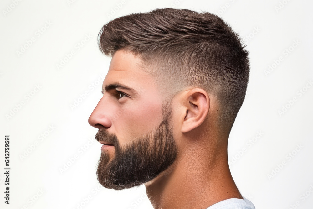 Man with a low fade haircut isolated on a white - obrazy, fototapety, plakaty 