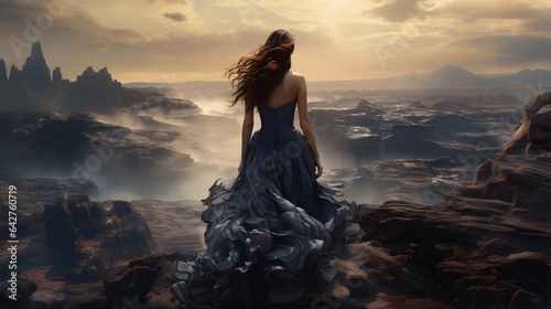 arafed woman in a blue dress standing on a rocky cliff Generative AI