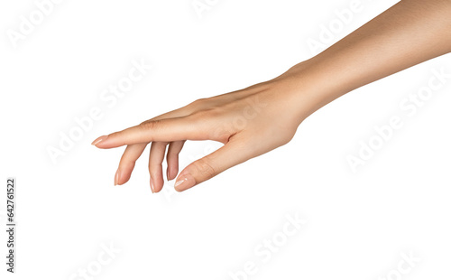 Foto Woman hand touching or pointing on isolated background.
