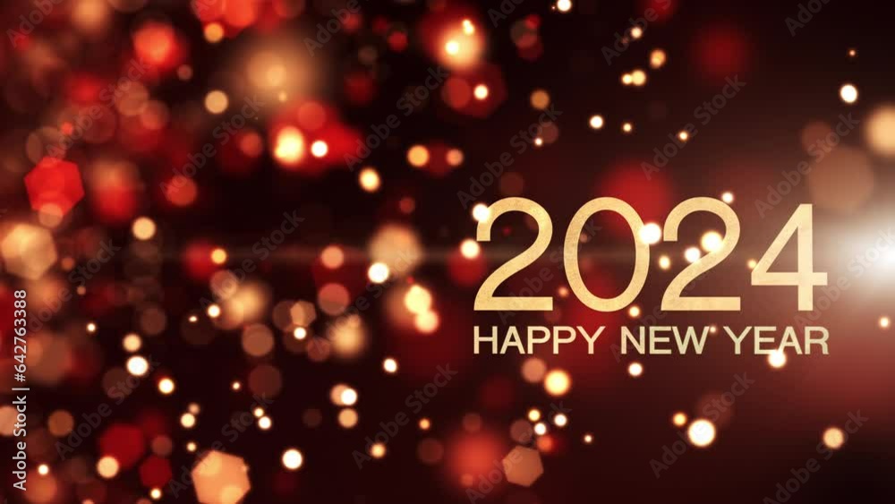 Seamless loop Happy New Year 2023, Red Gold particles fly. Glittering light ray beam background.