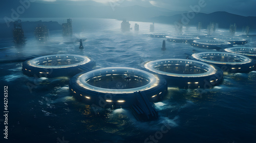 there are many circular structures floating in the water Generative AI