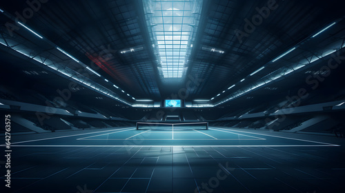 arafed view of a tennis court with a television screen in the middle Generative AI