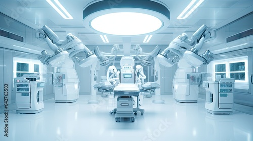 an operating room in a hospital or surgery center with medical equipment on the floor 3d renderings are provided for this image