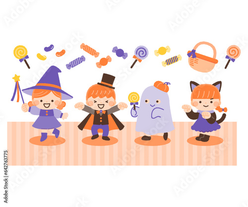 ハロウィンの仮装をする子供たちとお菓子の装飾イラスト素材