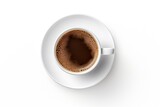 Top view coffee in cup on white background isolated. Awaken senses with hot espresso in mug. Savoring aroma. Breakfast in brown saucer