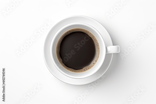 Top view coffee in cup on white background isolated. Awaken senses with hot espresso in mug. Savoring aroma. Breakfast in brown saucer