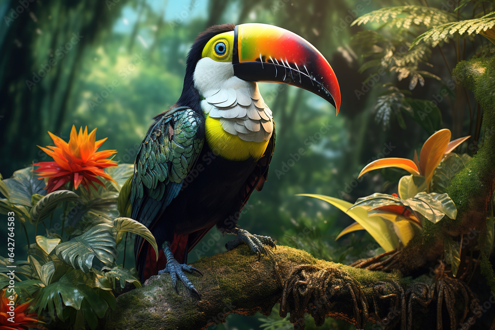 Obraz premium Image of toucan in the fertile forest. Bird. Nature. Illustration, Generative AI.