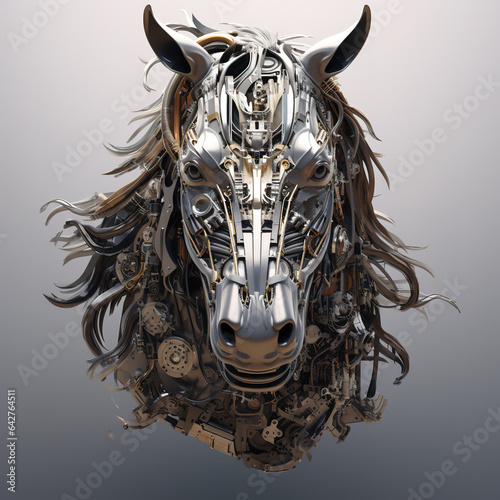 Image of horse face made with steel and various metals on clean background. Wildlife Animals. Illustration, Generative AI.