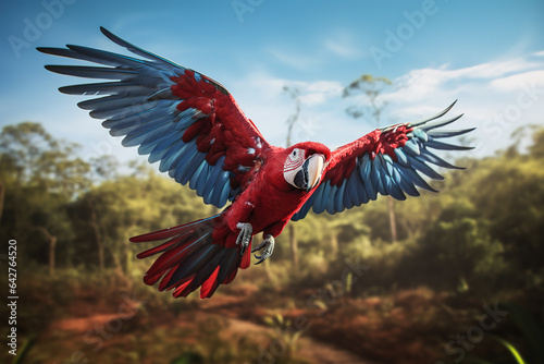 Image of a macaw flying in the forest, Bird, Wildlife Animals., Generative AI, Illustration. © yod67