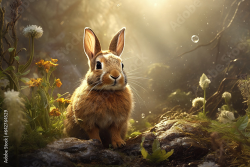 Image of brown rabbit in the fertile forest. Wildlife Animals. Nature. Illustration, Generative AI. © yod67