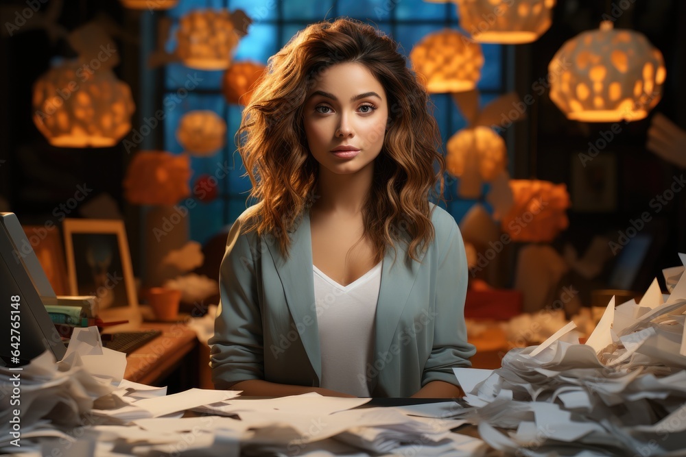 Fototapeta premium Business woman cartoon character working at office. Generative AI
