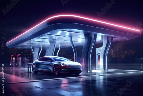 Electric car's charging cable connecting to a charging station. Generative ai