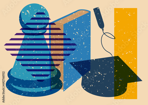 Risograph Back to School concept art with chess pawn, book, graduation cap and geometric shapes. Educational background in trendy riso graph design.