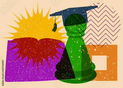 Risograph Back to School concept art with chess pawn, book, graduation cap and geometric shapes. Educational background in trendy riso graph design.