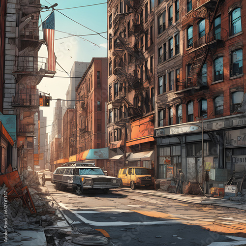 view of destroyed new york city, post apocalypse after world war or natural disaster in cartoon anime style