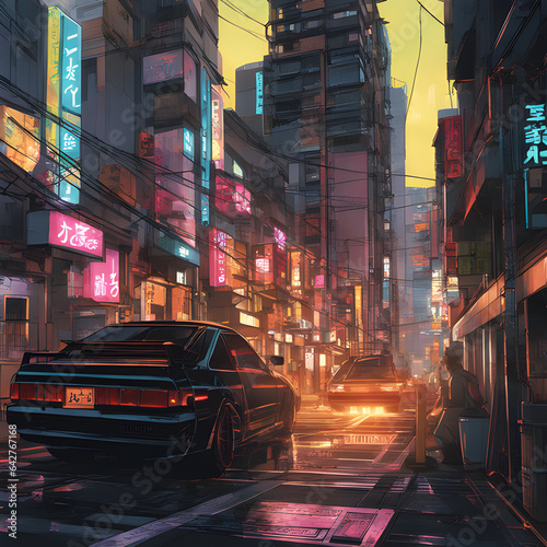 classic car in Tokyo City by Night, Anime and Manga drawing illustration, city, magenta, purple, neon