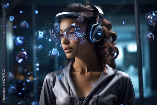 Woman wearing virtual reality headset with hologram interface. VR goggles innovation technology. Generative AI