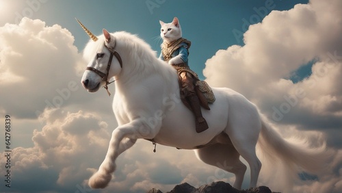 An anthropomorphic cat rides a unicorn