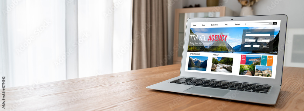 Online travel agency website for modish search and travel planning offers deal and package for flight , hotel and tour booking - obrazy, fototapety, plakaty 