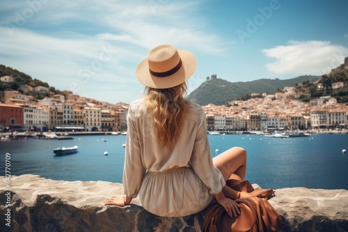 Woman tourist enjoying the sea. trip and journey concept. Generative AI © itchaznong