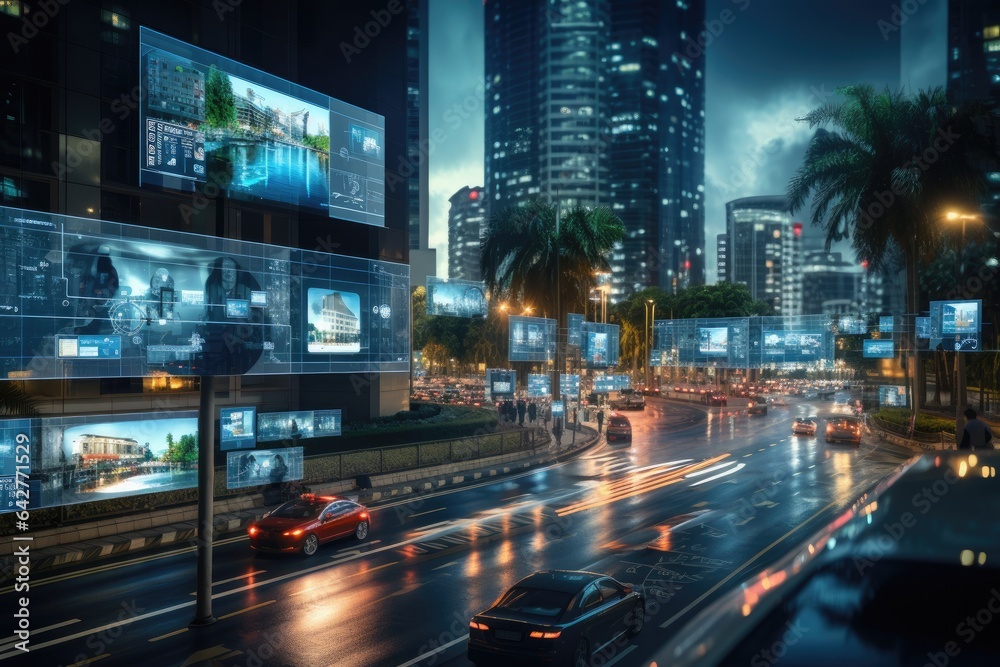 Fototapeta premium Abstract night cityscape background. Smart city, ai and digital transformation concept. Double exposure