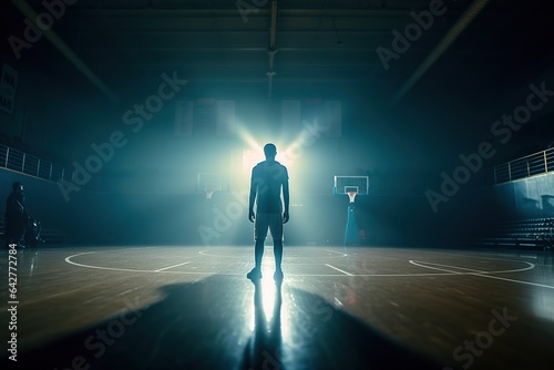 Training field. Basketball player with ball in professional stadium