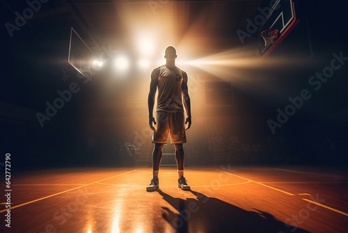 Training field. Basketball player with ball in professional stadium