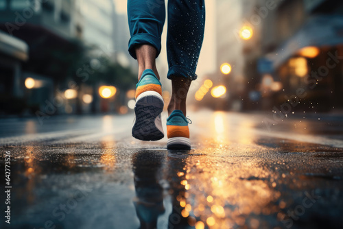 Close up athlete feet running on city road. Generative AI