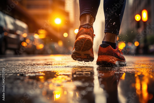 Close up athlete feet running on city road. Generative AI