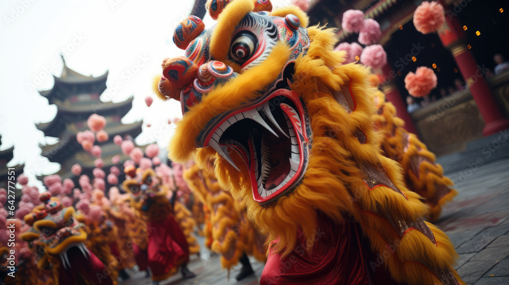 Chinese lion dance, Lunar new year celebration, colorful lion costumes ...