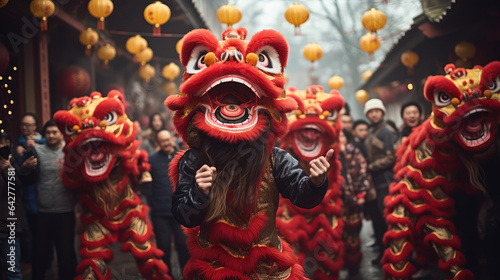 Chinese lion dance, Lunar new year celebration, colorful lion costumes performing the traditional Lion Dance during Chinese New Year. Generative AI