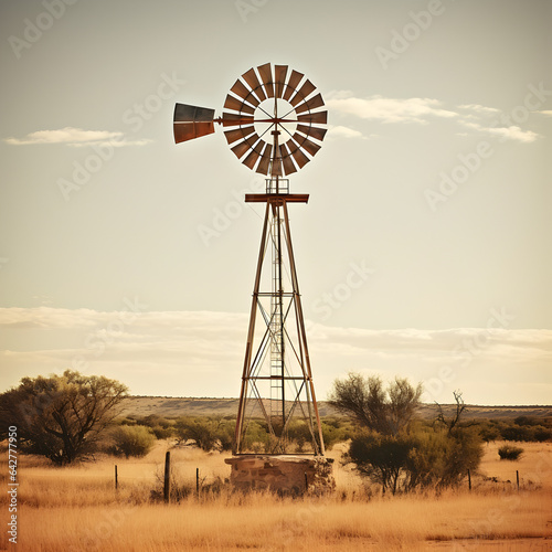 A windmill on a Texas ranch where cattle or dairy is harvested. A concept of farming in rural America. Generative ai. 