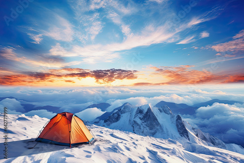Orange tent standing on the snow in a mountains at sunrise