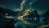 a dreamy natural scene. Lake, tree, sky, castle, girl, subtle lighting, dreamy fantasy world. Generative AI.