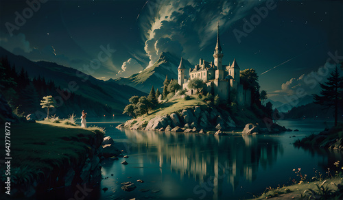 a dreamy natural scene. Lake, tree, sky, castle, girl, subtle lighting, dreamy fantasy world. Generative AI.