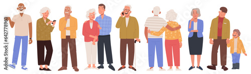 Aged people. Seniors together, with grandchildren and children, an elderly man and woman use phones and communicate. Grandparents in full growth