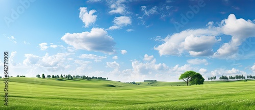 Green grass field panoramic illustration background  Generative AI