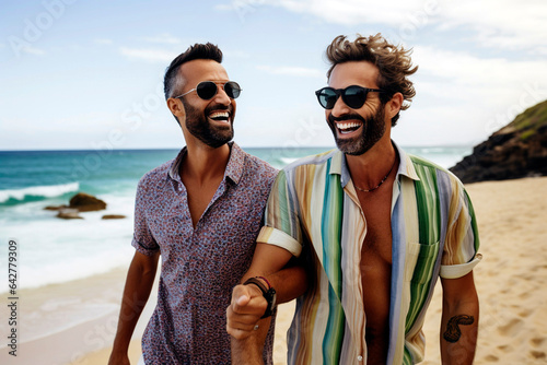 Happy gay male couple on the beach. lgbtq men walking on the beach on romantic vacation