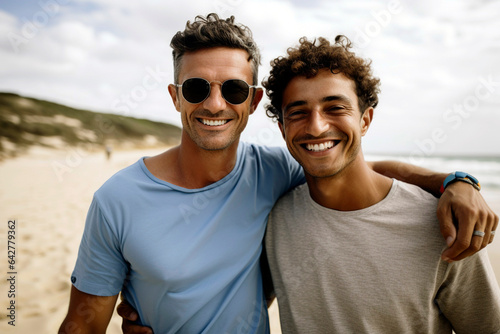 Happy gay male couple on the beach. lgbtq men walking on the beach on romantic vacation