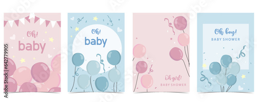 Baby shower invitation card with balloon, cloud,sky, pink,blue