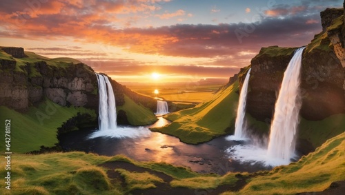 A majestic waterfall during sunset