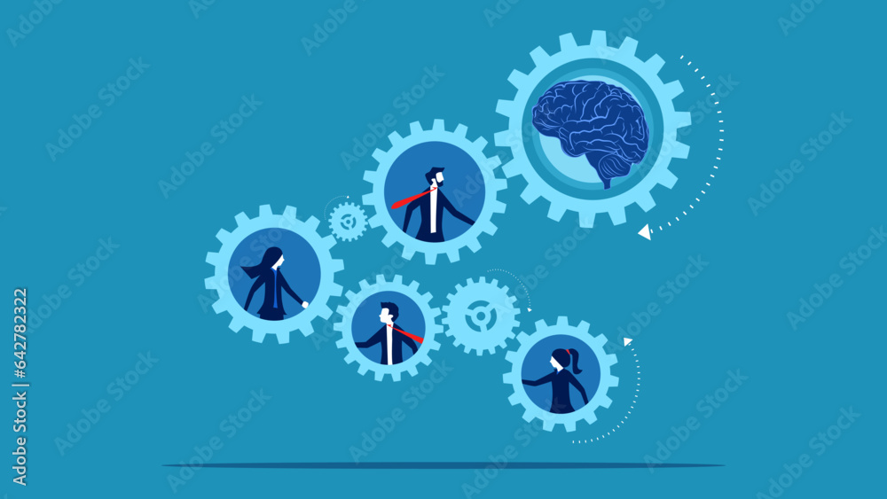 Brainstorming. Businessmen work together to spin cogwheels and brains. vector