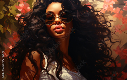 Portrait of a black woman in sunglasses with flowers