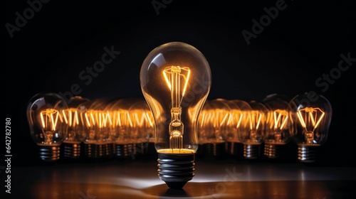 Amongst a Group of Unlit Bulbs, One Lightbulb Glows with Potential for Creative Thinking and Problem-Solving Solutions in a Dark Area