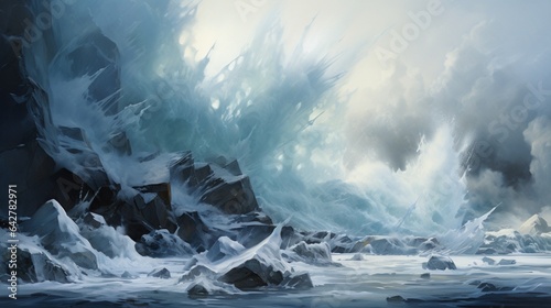 an image of a glacier calving into the sea, with dramatic chunks of ice breaking away and crashing into the water photo