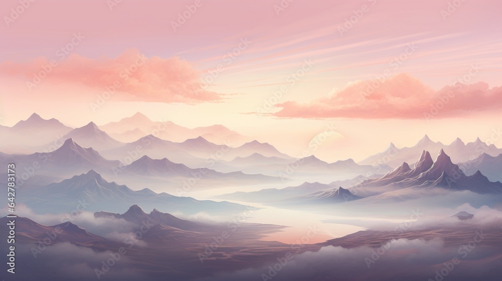 an image of a serene mountain landscape at dawn, with misty valleys and a soft, pastel-colored sky